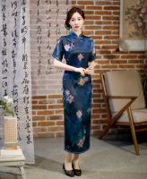 แบบดั้งเดิม Loutus พิมพ์ซาตินยาวสไตล์ Cheongsam Elegant R Mandarin Collar Handmade ปุ่ม Qipao จีนทุกวัน Dress