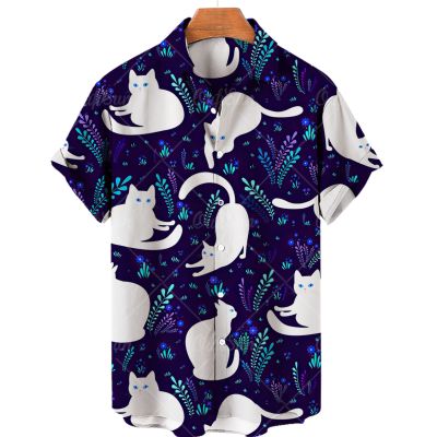 เสื้อฮาวายพิมพ์แมวน่ารักใหม่สำหรับผู้ชาย,เสื้อเชิ๊ตผู้ชายเสื้อเชิ๊ตผู้หญิงขนาดใหญ่เสื้อธรรมดาเสื้อลำลองฤดูร้อน5xl กระดุมกระดุมแถวเดียว