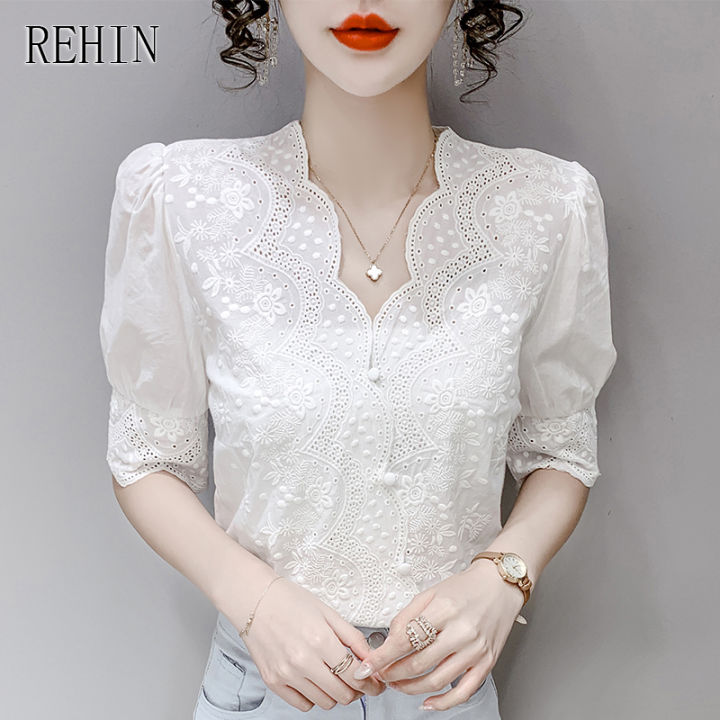 rehin-เสื้อสตรีลูกไม้คอวีแขนสั้นสีขาวหลวมเสื้อหรูหรา