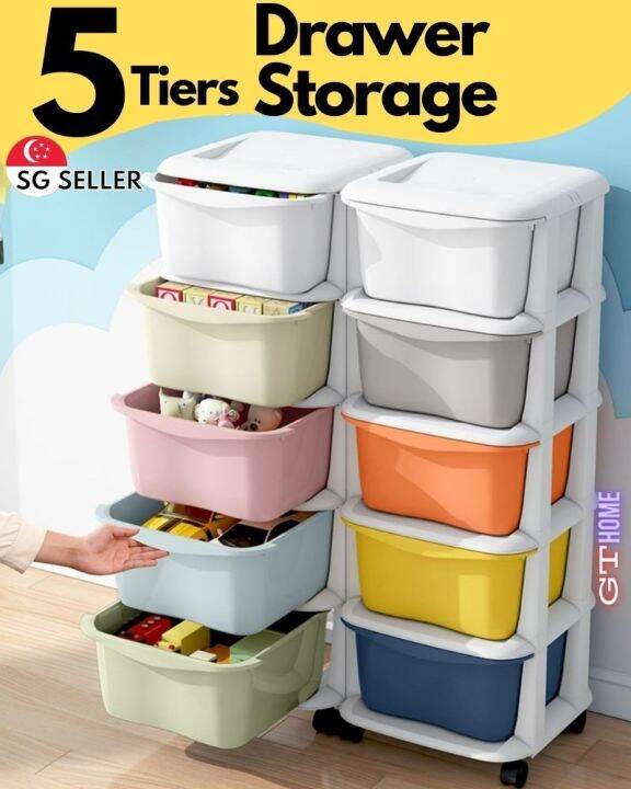 5 Tiers Plastic Drawer Storage Cabinet with Movable Wheels for Children ...