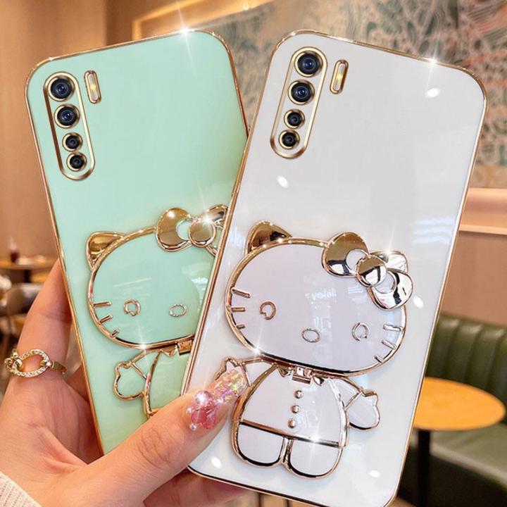 folding-makeup-mirror-phone-case-for-oppo-reno-3-4g-a91-f15-reno-4-pro-4g-case-fashion-cartoon-cute-cat-multifunctional-bracket-plating-tpu-soft-cover-casing