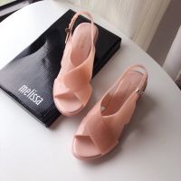 ร้อน, ร้อน★Melissa Clear Heels Slippers Women Summer Sandals Fashion Transparent Coarse-Heeled Jelly Shoes High Heels Candy Shoe SM055