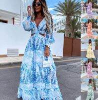 Elegant Womens Dresses 2023 Summer Hollow Sexy Print V-Neck Long Sleeve Dress Holiday Beach Lady Vesido Mujer Robe S-XXXL