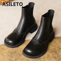 ASILETO Chelsea Ankle Boots Woman Brogue Block Heels Full Grain Leather Slip-on Cut-Outs Size 34-42 Black Spring S2623