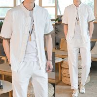 Ready Stock?? 2019 Chinese style summer new style stand-up collar embroidery short-sleeved cotton and linen shirt trousers linen suit Tang suit men wholesale