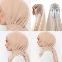 【YF】 Instant Hijabs With Cap Plain Chiffon Jersey For Woman Veil Muslim Hijab Scarf Womens Headscarf