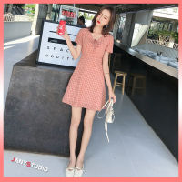 Mini dress ชุดเดรสผญ คอวี ลายสก๊อต กระโปรงบาน เดรสเหมาะสำหรับสาวหวาน เดรสคอวีมีโบตกแต่ง เดรสใส่ทำงานใส่เที่ยว