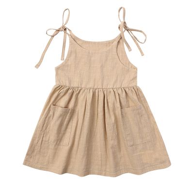 Baby Girls Dress Summer Solid Color Cotton Linen Lace-Up Halter Slip 2 Side Pockets Skirt Children Girls 1-6 Years Dress