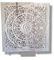 White Mandala wood carving panel wall art hanging wall decor asian art Thai wood carving panel 90 x 90 cm ไม้แกะสลักไม้ฉลุสีขาวขนาด 90 x 90 cm