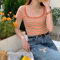 ◐☽ Short striped t- womens summer 22 new slim fit and th Fren sqre r short-sed dgn e top