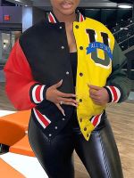 LW Plus Size Letter Decor Patchwork Jacket coat womens Y2K street hip-hop retro baseball uniform couple casual all-match jacket