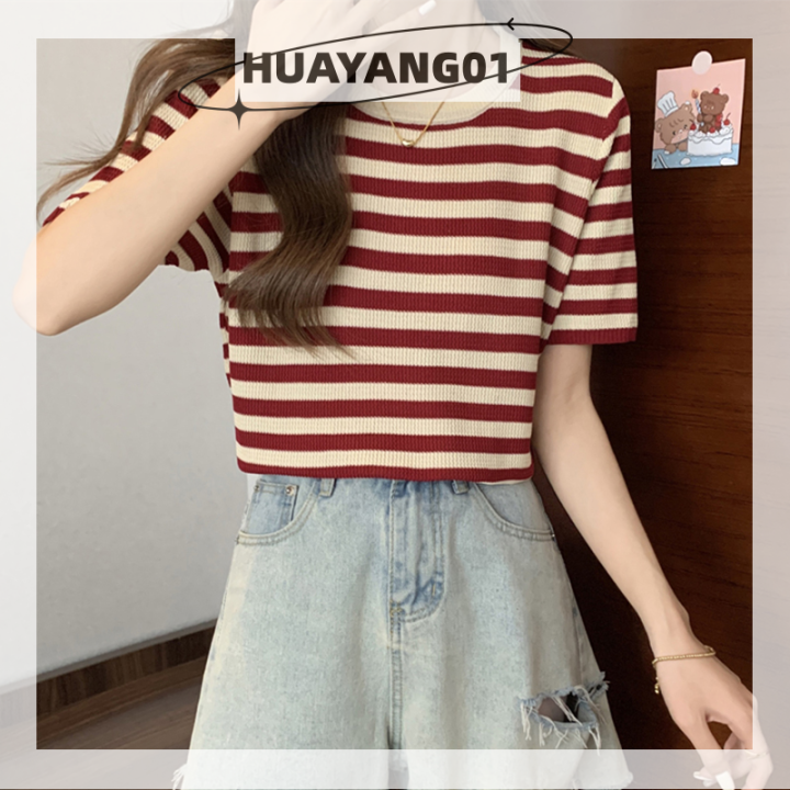 huayang01-2023แฟชั่นสุดฮอต-เสื้อยืดถักลายทางแขนสั้นย้อนยุคฤดูร้อนเสื้อผู้หญิงคอกลมเสื้อแบบหลวมลำลอง