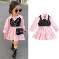 FOCUSNORM Autumn Fashion Kids Girls Dress 2pcs Outfits 1-6Y Solid Single Breasted Shirts Dress+PU Leather Vest  by Hs2023