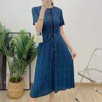 2023 Hot Pleated short-sleeved skirt  new summer age straight denim skirt large size slim casual Miyake dress for women