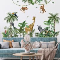 Large Size Jungle Animal Plam Wall Decor Sticker For Kids Room Bedroom Self-adhehesive Wallpaper Mural Giraff Zebra Monkey Decal