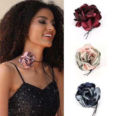 【CW】Kpop Rose Flower Choker Necklace for Women Wed Bridal Goth Adjustable Bowknot Knotted Rope Chain Aesthetic Jewelry Accessories