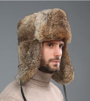 Winter Bomber Hat For Men Rabbit Fur Russian Hat Ushanka Thick Warm Cap With Ear Flaps