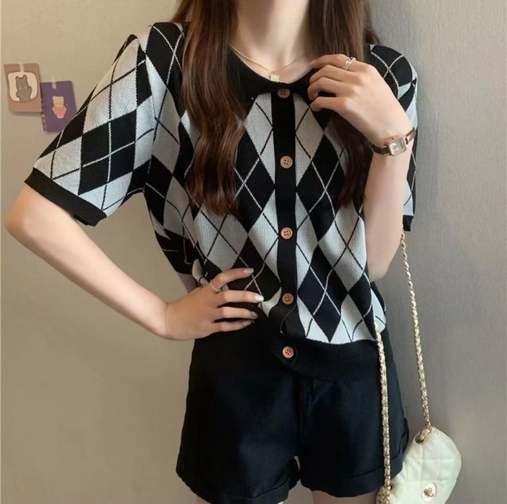 Fashion Korean style knitted polo shirt stylish top blouses for women ...