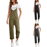 2023 Spring New Womens Casual Pocket Pants Solid Loose Strap Straight Jumpsuit