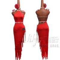 New Latin Dance Dress Competition Dress Costumes Skirt Performing Dress Rhinestones Adult Customize Children Red Fringed Skirt