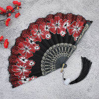 ดอกไม้พื้นหลังสีดำพัดลมพับสไตล์จีน Cheongsam Fan Rose Lace Fan