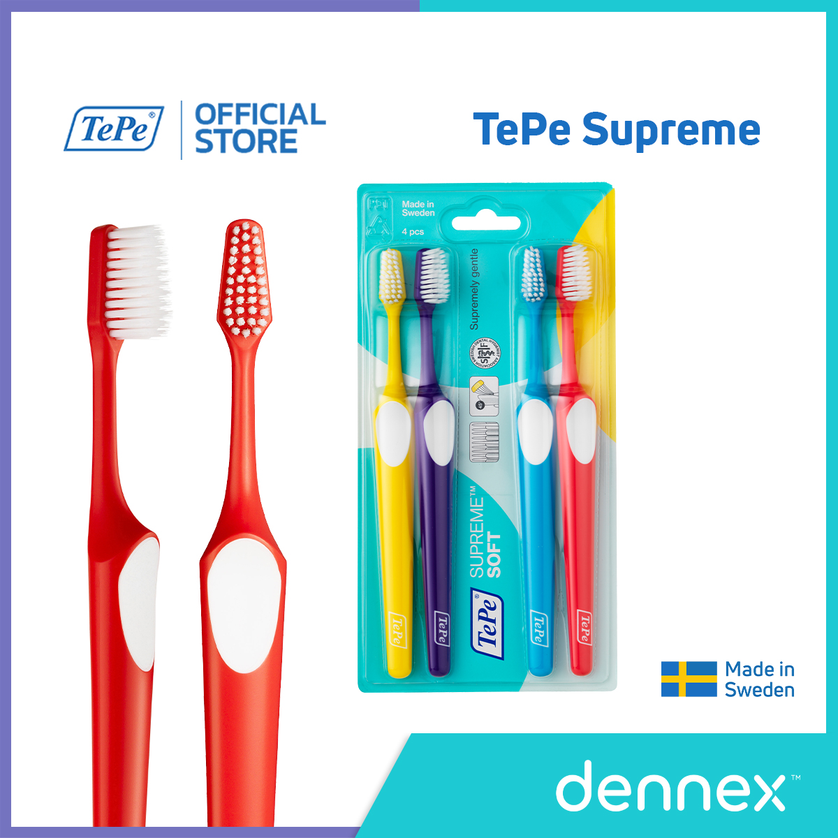 TePe Supreme แปรงสีฟัน ขนนุ่ม 2 ระดับ แปรงสีฟันเทเป้ สุพรีม แพ็ค 4 ชิ้น คละสี by Dennex