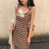 Korean Ladies All-match R Square Lattice Suspenders Round Neck Slim Slimming Dress Women