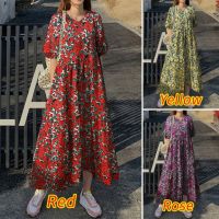 [COD] 2022 spring and summer new womens elastic cuffs printed retro half-sleeved casual long dress