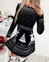 Autumn Women Fashion Christmas Moose Snowflake Print Mix Long Sleeve Dress Reindeer Sven Print Vintage Xmas Mini Dress