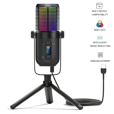 USB Microphone with RGB Light Tripod Condenser Microphone For PC Computer Streaming Studio Recording Podcast Video Gaming Mic