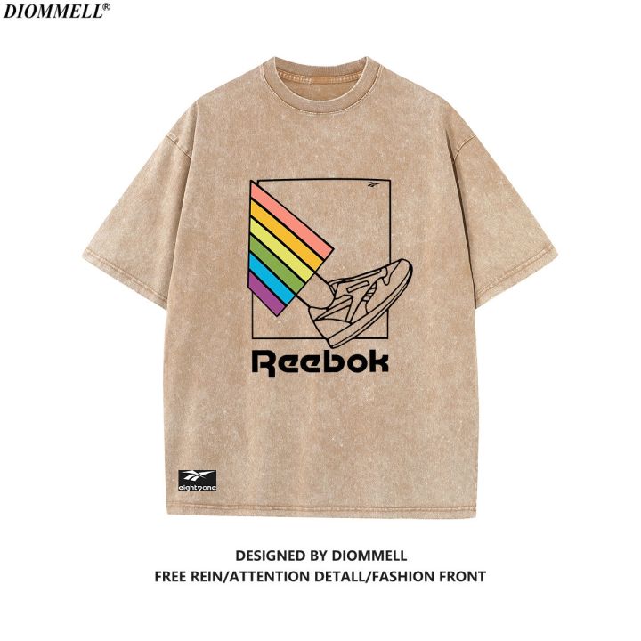 reebok-reebok-เสื้อยืดผู้ชายย้อนยุคสีรุ้งเท้า-คอกลมฤดูร้อนสบายแขนสั้นโอกาส