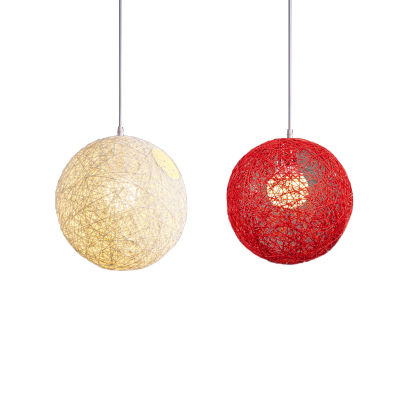 2 Pcs Rattan and Hemp Ball Chandelier Individual Creativity Spherical Rattan Nest Lamp Shade , White Bamboo &amp; Red Bamboo