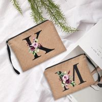 Flower Initial Letter Cosmetic Bag Women Neceser Makeup Bag Linen Zipper Pouch Travel Toiletry Organizer Bridesmaid Clutch