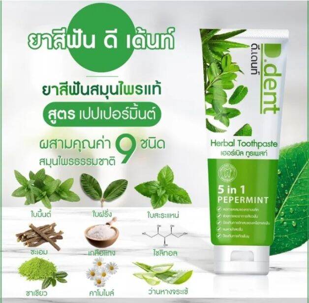 2-หลอด-50-บาท-d-dent-ดีเดนท์-ยาสีฟันสมุนไพร-5-in-1-ช่วยลดกลิ่้นปาก-สูตรเปปเปอร์มิ้นต์-100-กรัม