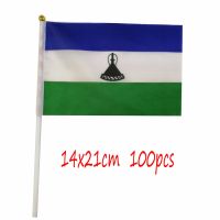 ZXZ Lesotho hand Flag 100pcs 14*21cm Polyester Double Side Printing Lesotho LS Hand waving Flag with plastic flagpole