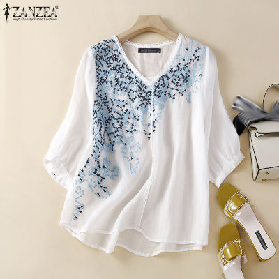 (สินค้ามาใหม่)(จัดส่งฟรี)Fancystyle ZANZEA เสื้อสวมหัวแขนสั้นคอวีทรงหลวมปักเสื้อเบล้าส์แบบลำลองวินเทจ #2