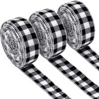 3 Rolls Gingham Ribbon Black and White Plaid Burlap Ribbon Christmas Wired Edge Ribbons for Christmas Gift Wrapping