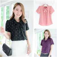 Narinari: NT2429 Tie-Neck Dot Blouse เสื้อทำงาน