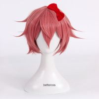 【ร้อน】 Doki Doki วรรณกรรมคลับ Sayori คอสเพลย์วิกผมสั้นสีชมพูสีแดงทนความร้อนสังเคราะห์วิกผมวิกผมหมวกโบว์กิ๊บ