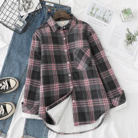 Winter Vintage Thick Warm Cotton Plaid Shirts Jacket Long Sleeve Turn-Down Collar Velvet Fleece Tops Loose Casual Outwear C