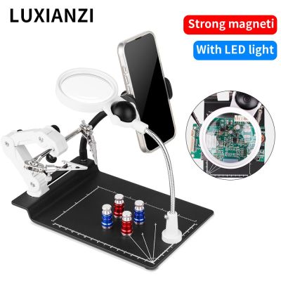 LUXIANZI Welding Third Held Hand Repair Workbench 7X แว่นขยาย LED Alas Magnetik เครื่องมือที่ยึดเหล็กบัดกรี Pcb ที่หนีบโต๊ะ