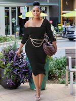 ZZOOI Sexy Package Hip Midi Robe with Metal Chain Bodycon Party Dress Women One Shoulder Long Sleeve Cocktail Dresses Evening Vestidos