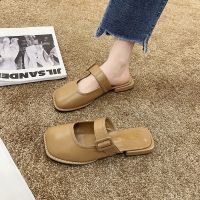 Baotou sandals for women to wear outside 2023 new summer style internet celebrity fashion versatile Korean style flat square toe half slippers for women 【JYUE】