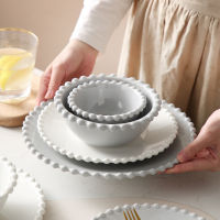 Nordic Creative Pearl-Rim Plate Ceramics Dinnerware Set Steak Flat Tray Dessert Plate Salad Bowl Beaded Tableware Round Shape