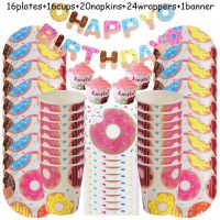 77pcs Doughnut Party Set Paper Cup Napkin Plates Birthday Anniversary Baby Shower Candy Bar Party Decor Donut Party Supplies