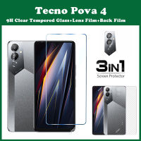 (3 In 1) สำหรับ Tecno Pova 4อุปกรณ์ป้องกันหน้าจอกระจกนิรภัยป้องกันเต็มพื้นที่ + ฟิล์มป้องกันเลนส์กล้องถ่ายรูป + ฟิล์มป้องกันสติ๊กเกอร์ปลอกด้าหลังวัสดุคาร์บอนไฟเบอร์