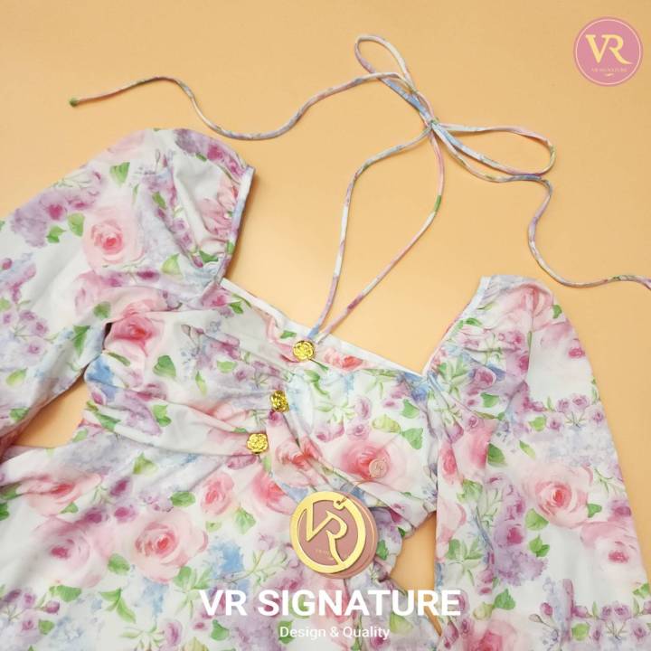 vr-dress-สั้นแขนยาว-ปลายแขนบานแต่งระบานชั้นๆสลับผ้าลูกไม้-ช่วงอกจับจีบแต่งเชือกผูกคอหรือผูกโบว์ด้านหน้าได้ค่ะ-แต่งกระดุม