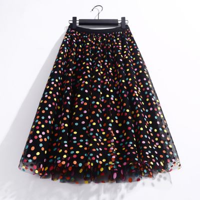 ‘；’ Wave Point Pleated Skirt  Midi Tulle Mesh Skirt High Waist Full Lining  Tutu Korean Style Women Jupe Femme Faldas