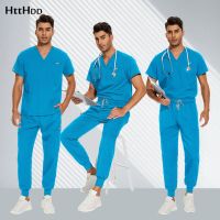 Solid V-neck Men Scrub Tops nursing Pocket Scrub Pants Hospital Uniform Set Women Surgical Uniform Joggers Suits Doctor Outwear