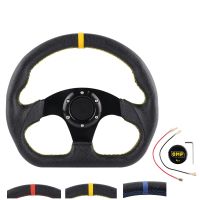 6 Holes Universal Leather Flat Drift Racing Steering Wheel D Shape Horn Button